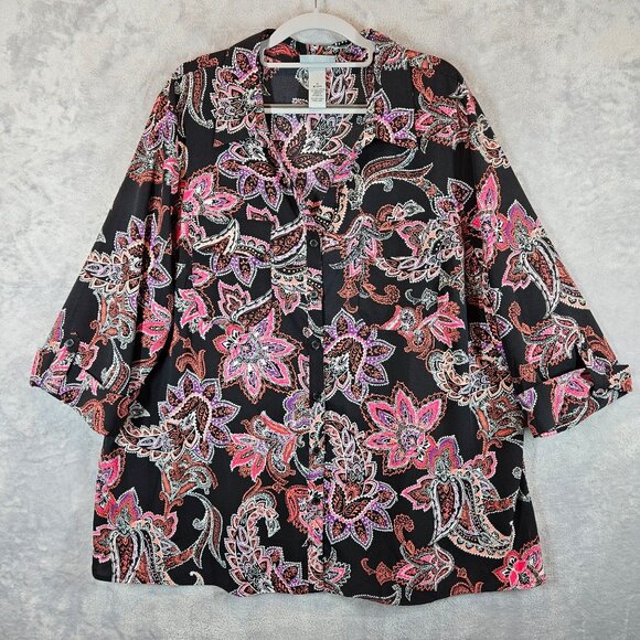 Catherines Womens 1X Button up Blouse 3/4 Sleeve Paisley Multi-Color office bold - Picture 1 of 10